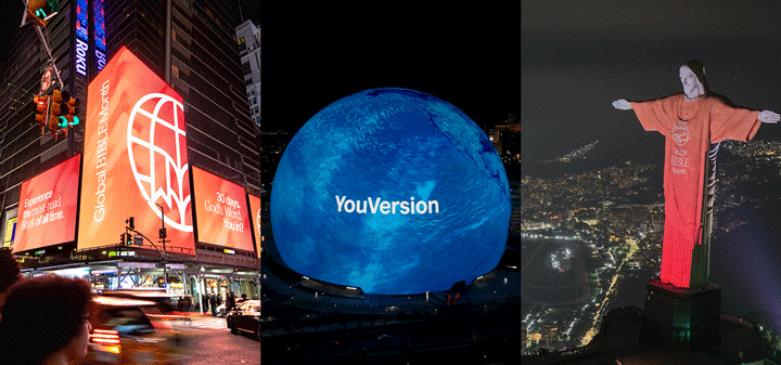 YouVersion Global BIBLE Month campaign - billboards, globe projection, and Christ the Redeemer